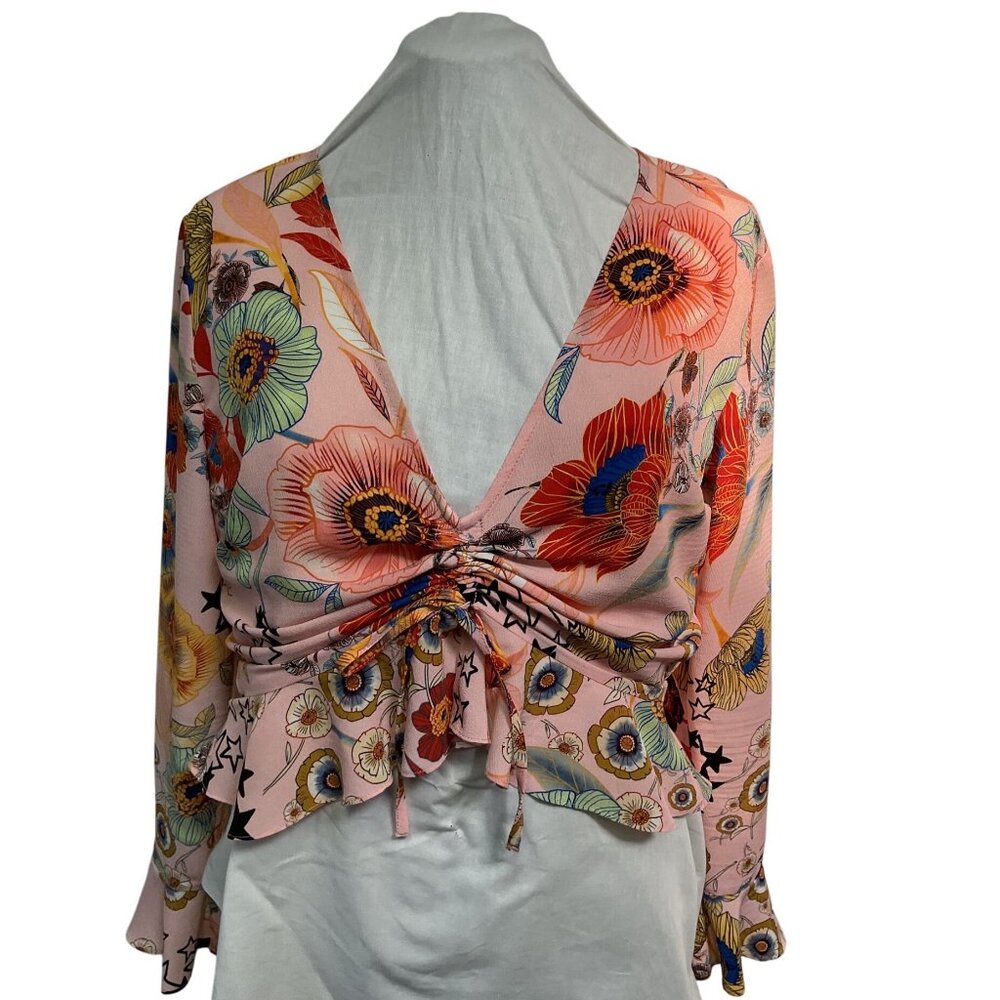 Topshop Floral Print Long Sleeve V-Neck Ruched Peplum Blouse Size S
